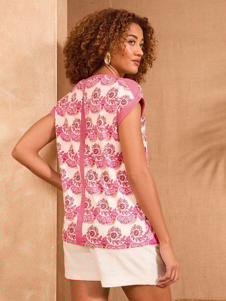 Love & Roses Pink and Orange Printed Petite Satin Front Jersey Back Crew Neck Top - Image 5 of 5