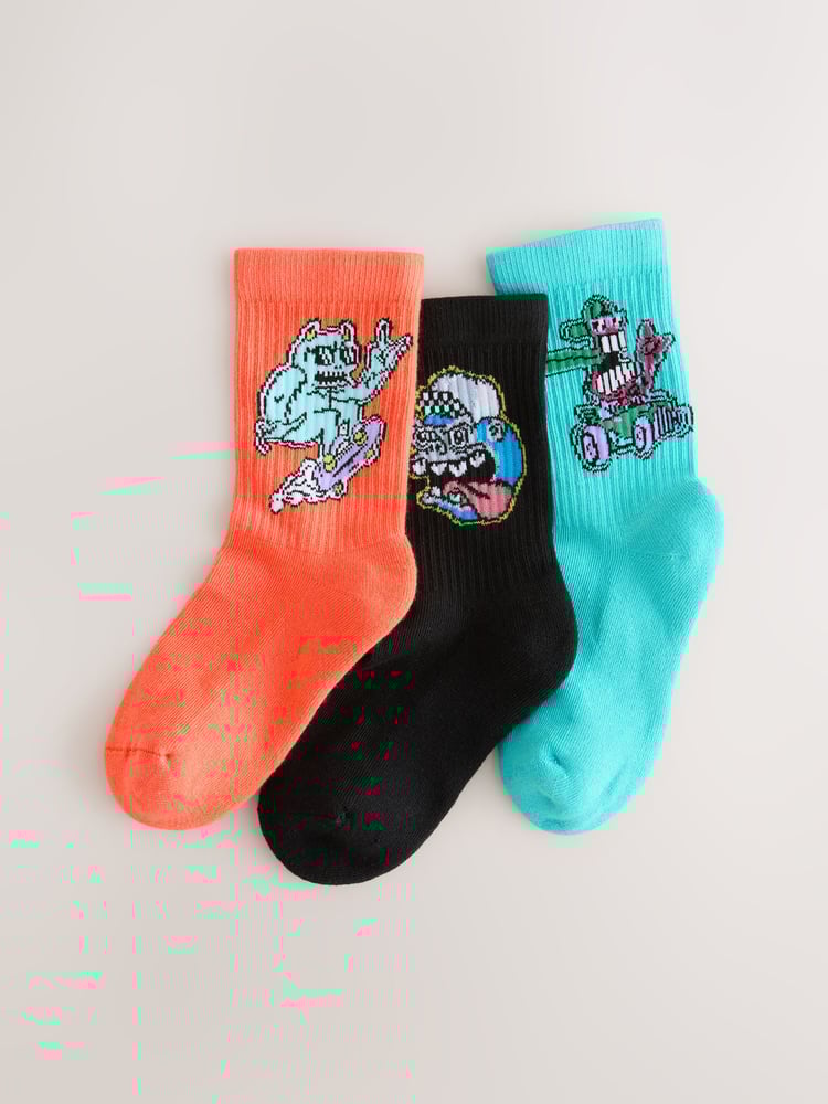 Black/Orange/Teal Monster Cushioned Footbed Rich Ribbed Tipped Socks 3 Pack - Image 1 of 3