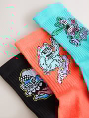 Black/Orange/Teal Monster Cushioned Footbed Rich Ribbed Tipped Socks 3 Pack - Image 2 of 3