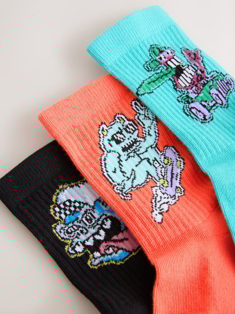 Black/Orange/Teal Monster Cushioned Footbed Rich Ribbed Tipped Socks 3 Pack - Image 2 of 3