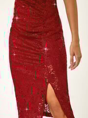 Roman Red Shimmer Lace Side Ruched Stretch Dress - Image 5 of 5