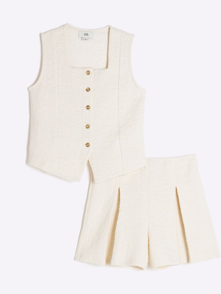 River Island Cream Girls Cream Textured 100% Cotton Waistcoat Set - Image 1 of 5