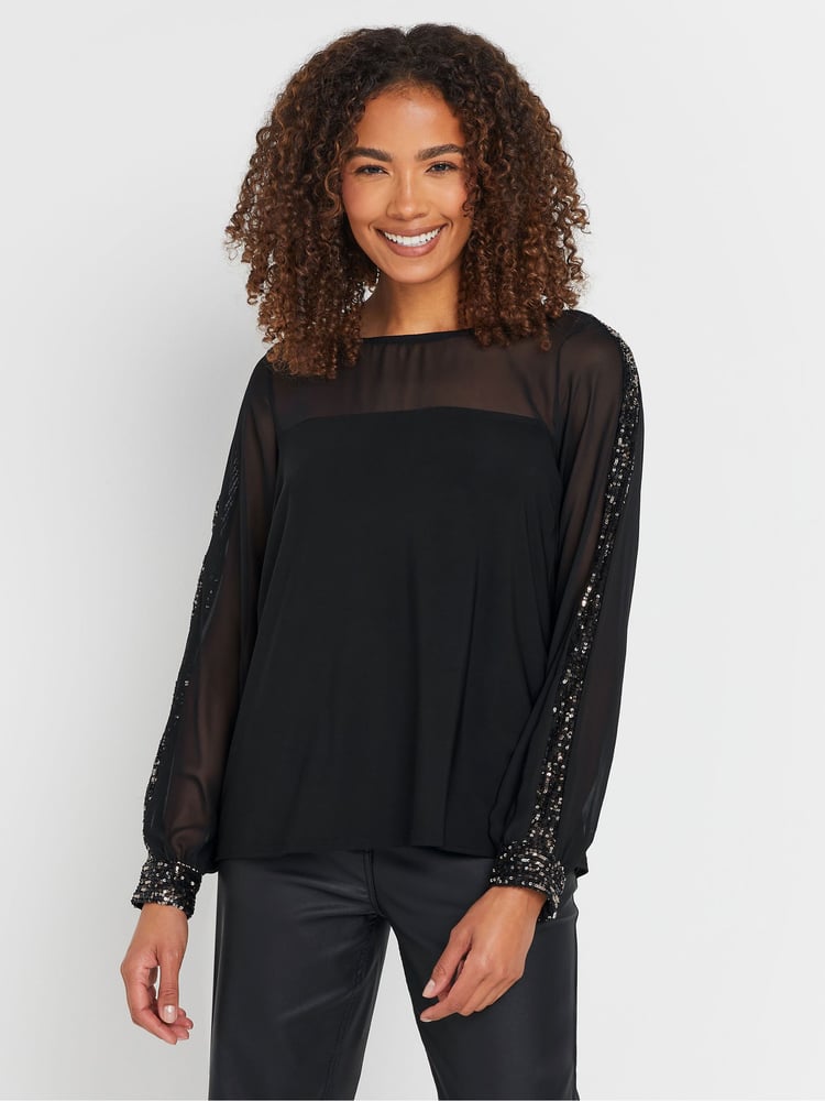 M&Co Black Sequin Sleeve Detail Blouse - Image 1 of 5