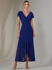 Jolie Moi Blue Plain Wrap Mesh Maxi Dress - Image 1 of 6