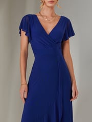 Jolie Moi Blue Plain Wrap Mesh Maxi Dress - Image 3 of 6