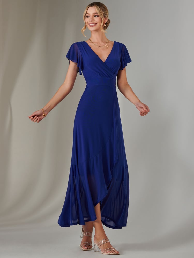Jolie Moi Blue Plain Wrap Mesh Maxi Dress - Image 6 of 6