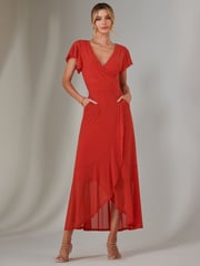 Jolie Moi Dark Orange Plain Wrap Mesh Maxi Dress - Image 1 of 6