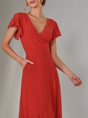 Jolie Moi Dark Orange Plain Wrap Mesh Maxi Dress - Image 3 of 6