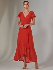 Jolie Moi Dark Orange Plain Wrap Mesh Maxi Dress - Image 4 of 6