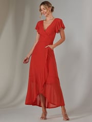 Jolie Moi Dark Orange Plain Wrap Mesh Maxi Dress - Image 5 of 6