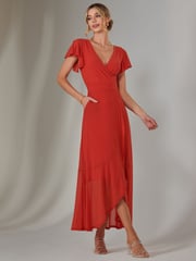 Jolie Moi Dark Orange Plain Wrap Mesh Maxi Dress - Image 6 of 6