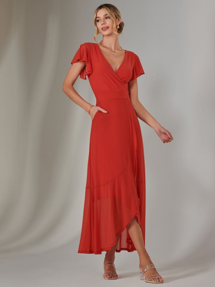 Jolie Moi Dark Orange Plain Wrap Mesh Maxi Dress - Image 6 of 6