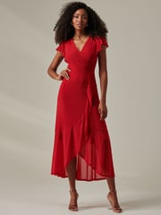 Jolie Moi Red Plain Wrap Mesh Maxi Dress - Image 1 of 6