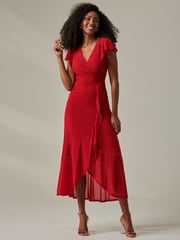 Jolie Moi Red Plain Wrap Mesh Maxi Dress - Image 4 of 6