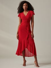 Jolie Moi Red Plain Wrap Mesh Maxi Dress - Image 5 of 6