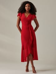 Jolie Moi Red Plain Wrap Mesh Maxi Dress - Image 6 of 6