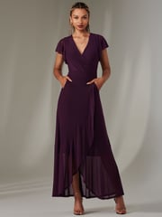 Jolie Moi Dark Purple Plain Wrap Mesh Maxi Dress - Image 1 of 6