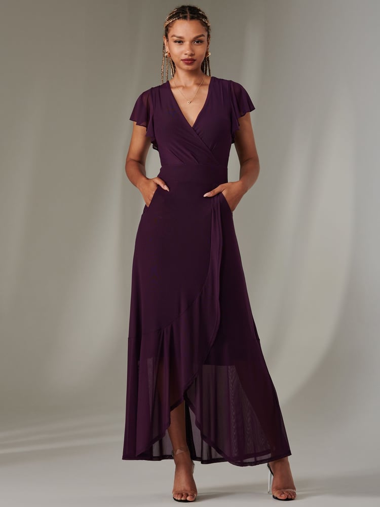 Jolie Moi Dark Purple Plain Wrap Mesh Maxi Dress - Image 1 of 6