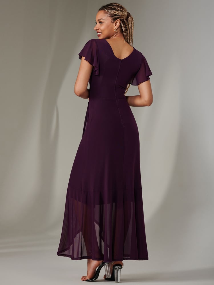 Jolie Moi Dark Purple Plain Wrap Mesh Maxi Dress - Image 2 of 6