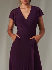 Jolie Moi Dark Purple Plain Wrap Mesh Maxi Dress - Image 3 of 6
