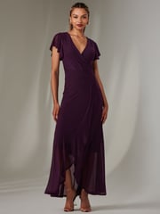 Jolie Moi Dark Purple Plain Wrap Mesh Maxi Dress - Image 4 of 6