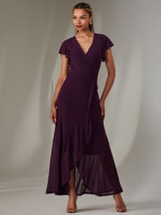 Jolie Moi Dark Purple Plain Wrap Mesh Maxi Dress - Image 5 of 6