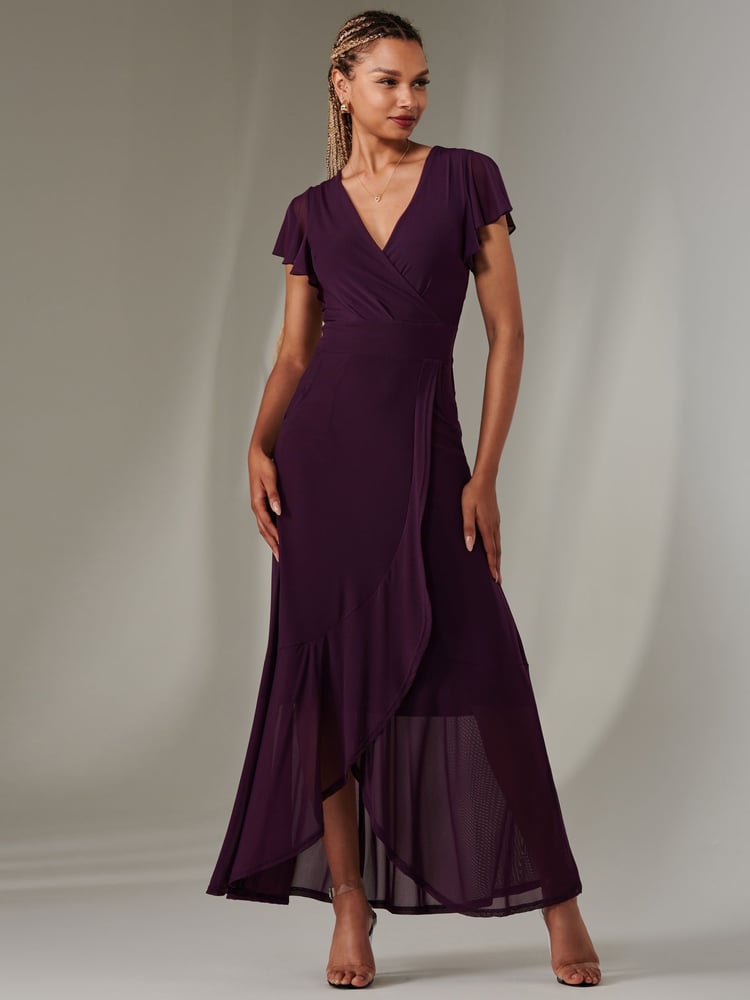 Jolie Moi Dark Purple Plain Wrap Mesh Maxi Dress - Image 6 of 6