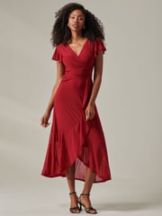 Jolie Moi Dark Red Plain Wrap Mesh Maxi Dress - Image 1 of 6