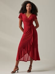 Jolie Moi Dark Red Plain Wrap Mesh Maxi Dress - Image 4 of 6