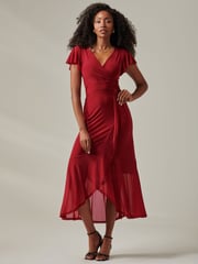 Jolie Moi Dark Red Plain Wrap Mesh Maxi Dress - Image 5 of 6