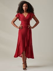Jolie Moi Dark Red Plain Wrap Mesh Maxi Dress - Image 6 of 6