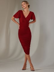 Jolie Moi Red Plain Angel Sleeve Ruched Bodycon Dress - Image 1 of 6