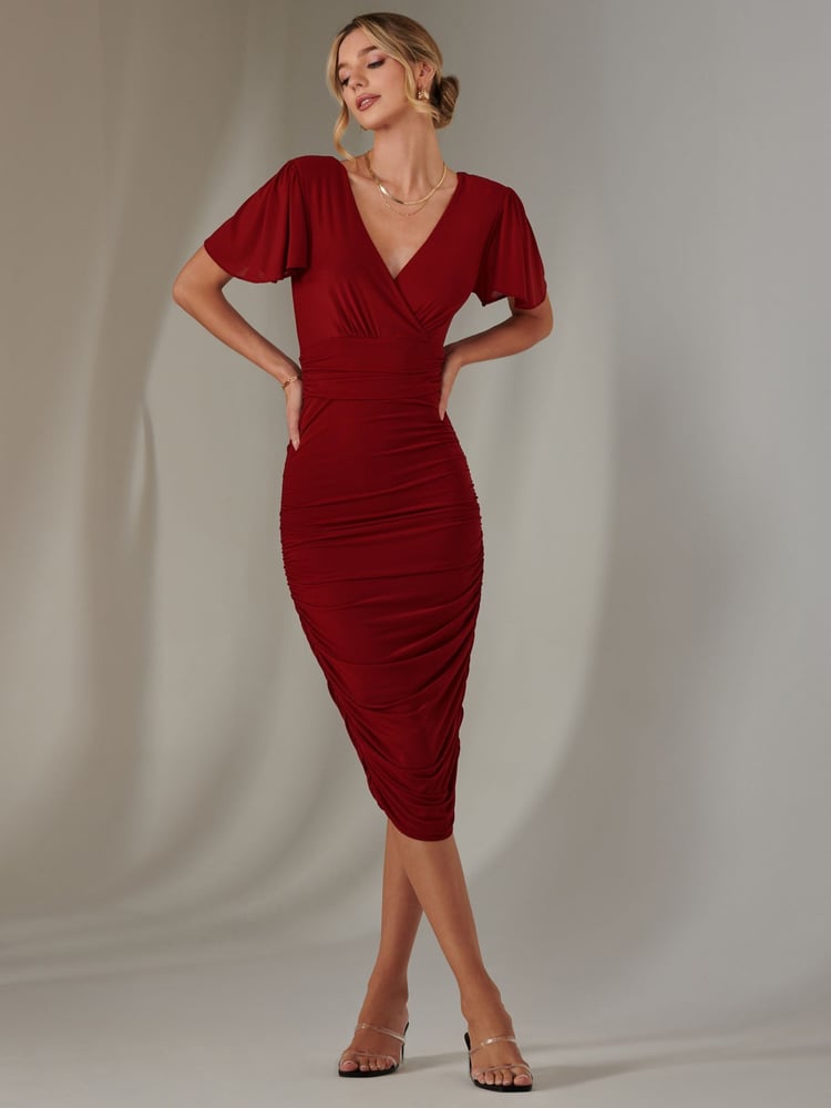 Jolie Moi Red Plain Angel Sleeve Ruched Bodycon Dress - Image 1 of 6