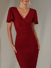 Jolie Moi Red Plain Angel Sleeve Ruched Bodycon Dress - Image 3 of 6