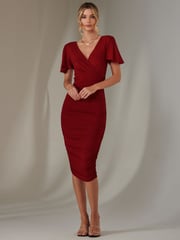 Jolie Moi Red Plain Angel Sleeve Ruched Bodycon Dress - Image 4 of 6
