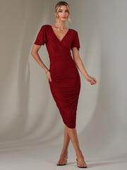 Jolie Moi Red Plain Angel Sleeve Ruched Bodycon Dress - Image 5 of 6