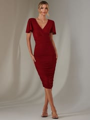 Jolie Moi Red Plain Angel Sleeve Ruched Bodycon Dress - Image 6 of 6