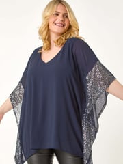 Roman Blue Curve Sequin Trim Overlay Top - Image 1 of 5