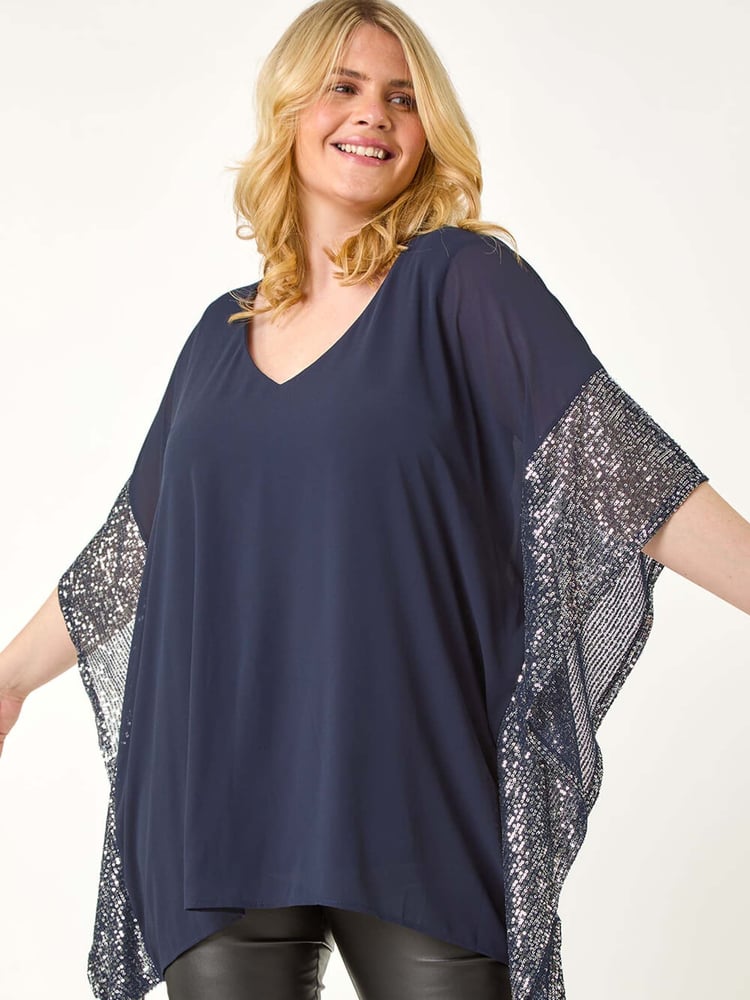 Roman Blue Curve Sequin Trim Overlay Top - Image 1 of 5