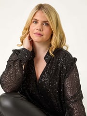 Roman Black Curve Sequin V-Neck Stretch Blouses - Image 1 of 6
