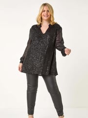 Roman Black Curve Sequin V-Neck Stretch Blouses - Image 3 of 6