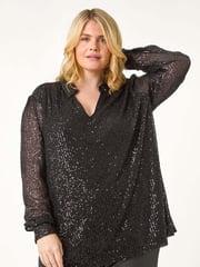 Roman Black Curve Sequin V-Neck Stretch Blouses - Image 5 of 6