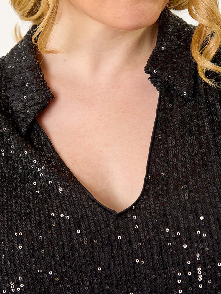 Roman Black Curve Sequin V-Neck Stretch Blouses - Image 6 of 6