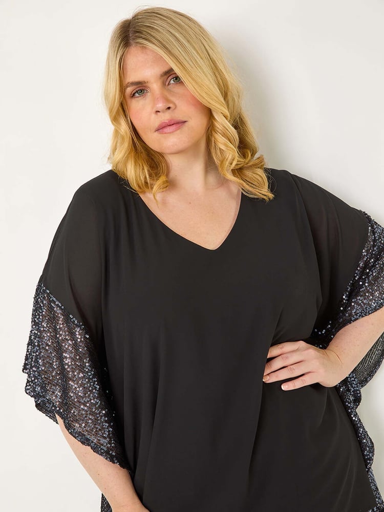 Roman Grey Curve Sequin Trim Overlay Top - Image 1 of 5
