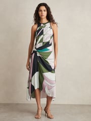 Reiss Green Avia Geometric-Print Gathered Midi Dress - Image 1 of 6