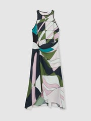 Reiss Green Avia Geometric-Print Gathered Midi Dress - Image 2 of 6