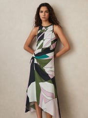 Reiss Green Avia Geometric-Print Gathered Midi Dress - Image 3 of 6