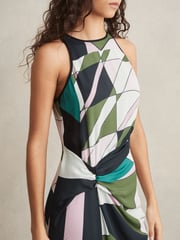 Reiss Green Avia Geometric-Print Gathered Midi Dress - Image 4 of 6