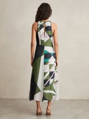 Reiss Green Avia Geometric-Print Gathered Midi Dress - Image 5 of 6