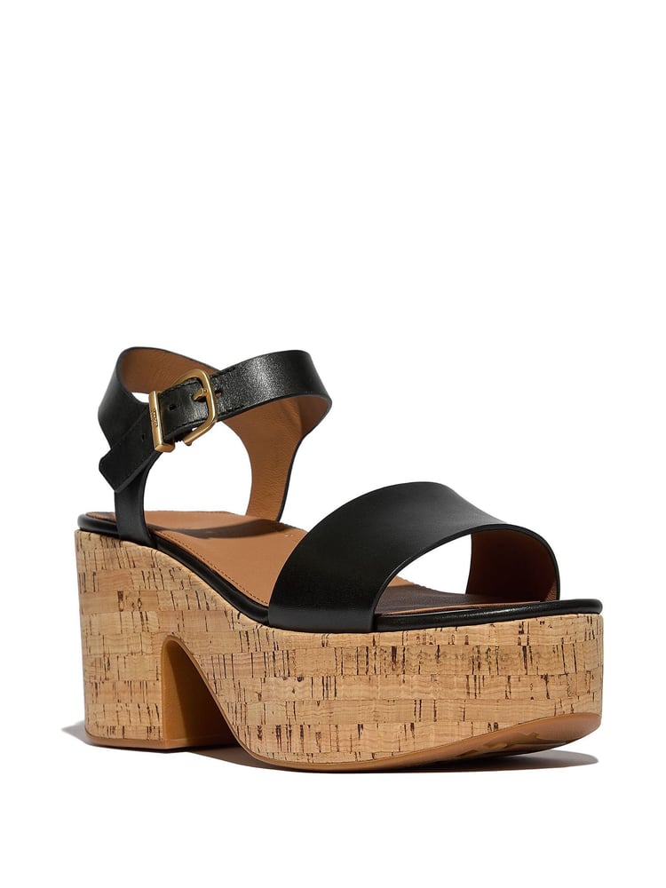 FitFlop Platfforms Leather Cork Heeled Ankle Strap Black Sandals - Image 2 of 4